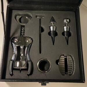 PEDRINI Wine & Bar 7pc Deluxe Chrome Wine Gift Set. With Storage Case Great Gift